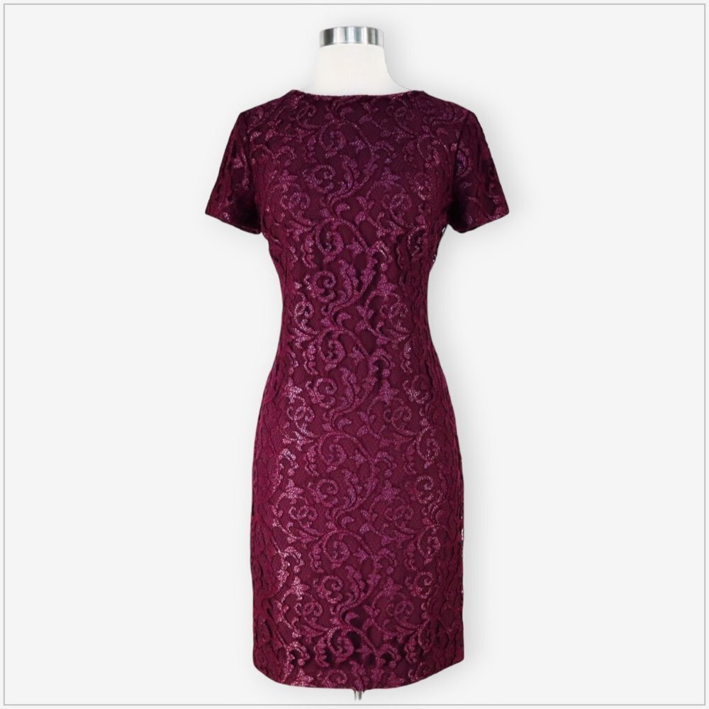 Lauren Ralph Lauren Burgundy Silver Stretch Lace Fitted Sheath Evening Dress 6